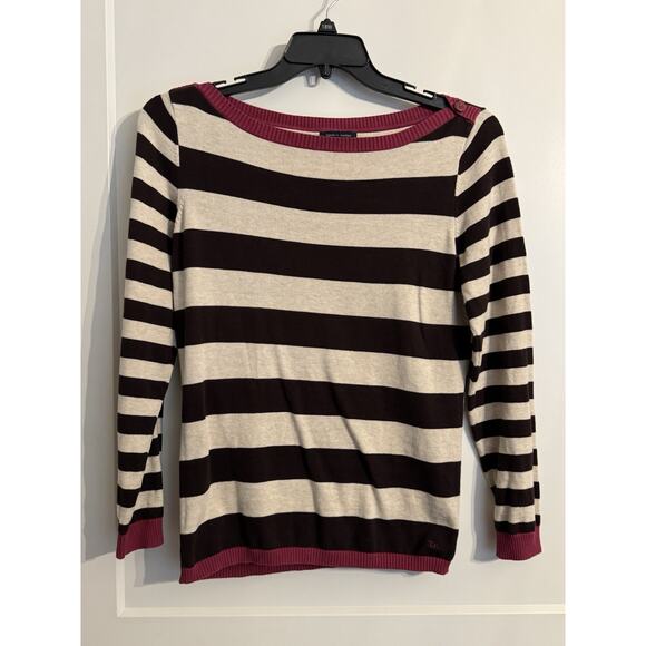 Tommy Hilfiger Sweaters - Tommy Hilfiger Women's Tan & Fuschia Striped Sweater Lightweight Knit Sz Large